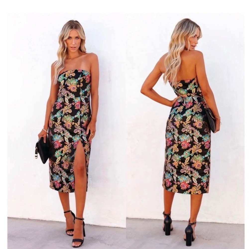 OLIA CLOTHING Ganni Jacquard Strapless Midi Dress Black Multi Large‎